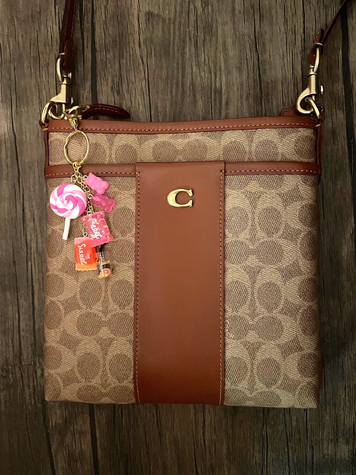 Love Candy Dark Pink Lollipop and Gummy Bear Gold Bag Charm