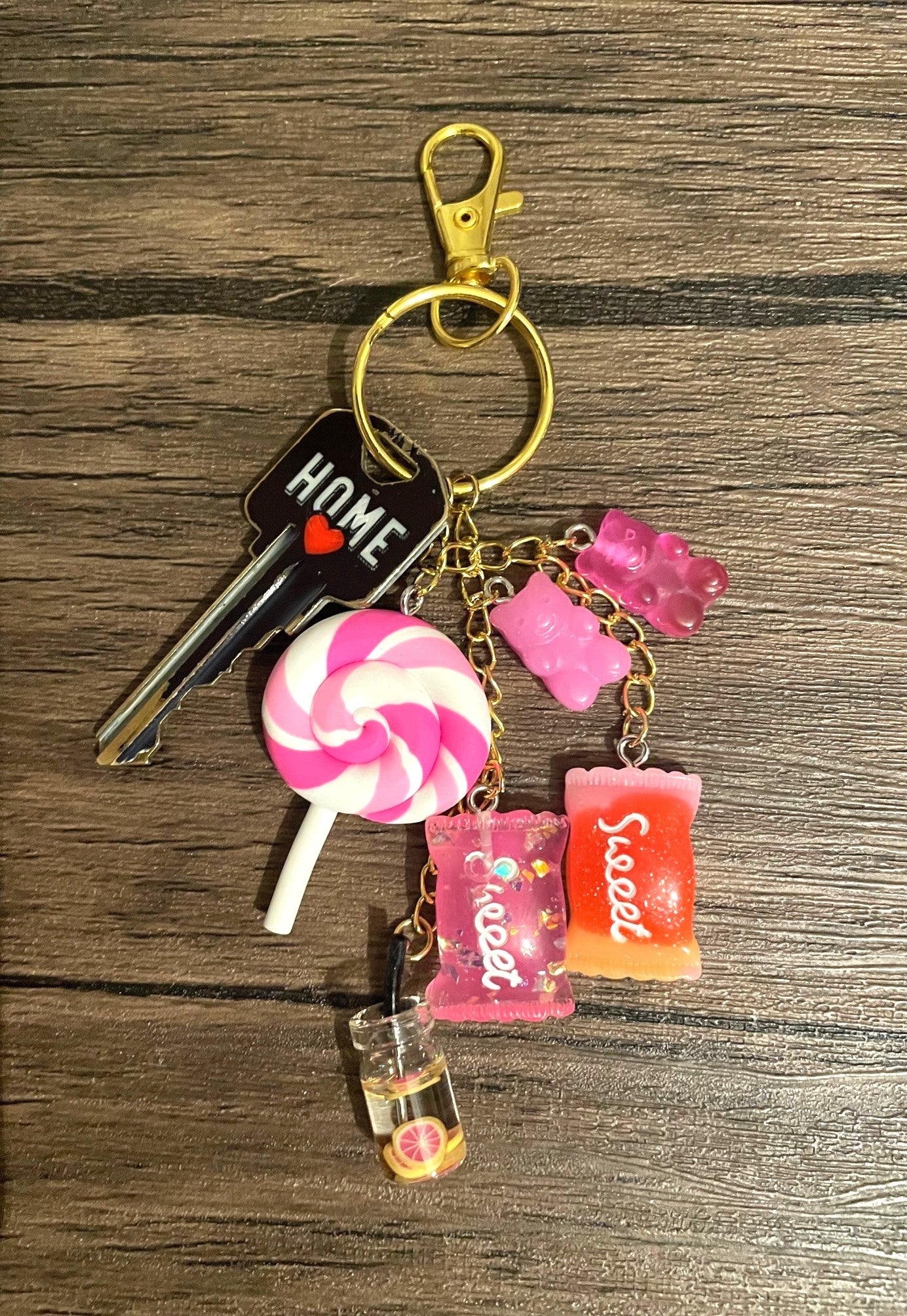 Love Candy Dark Pink Lollipop and Gummy Bear Gold Bag Charm