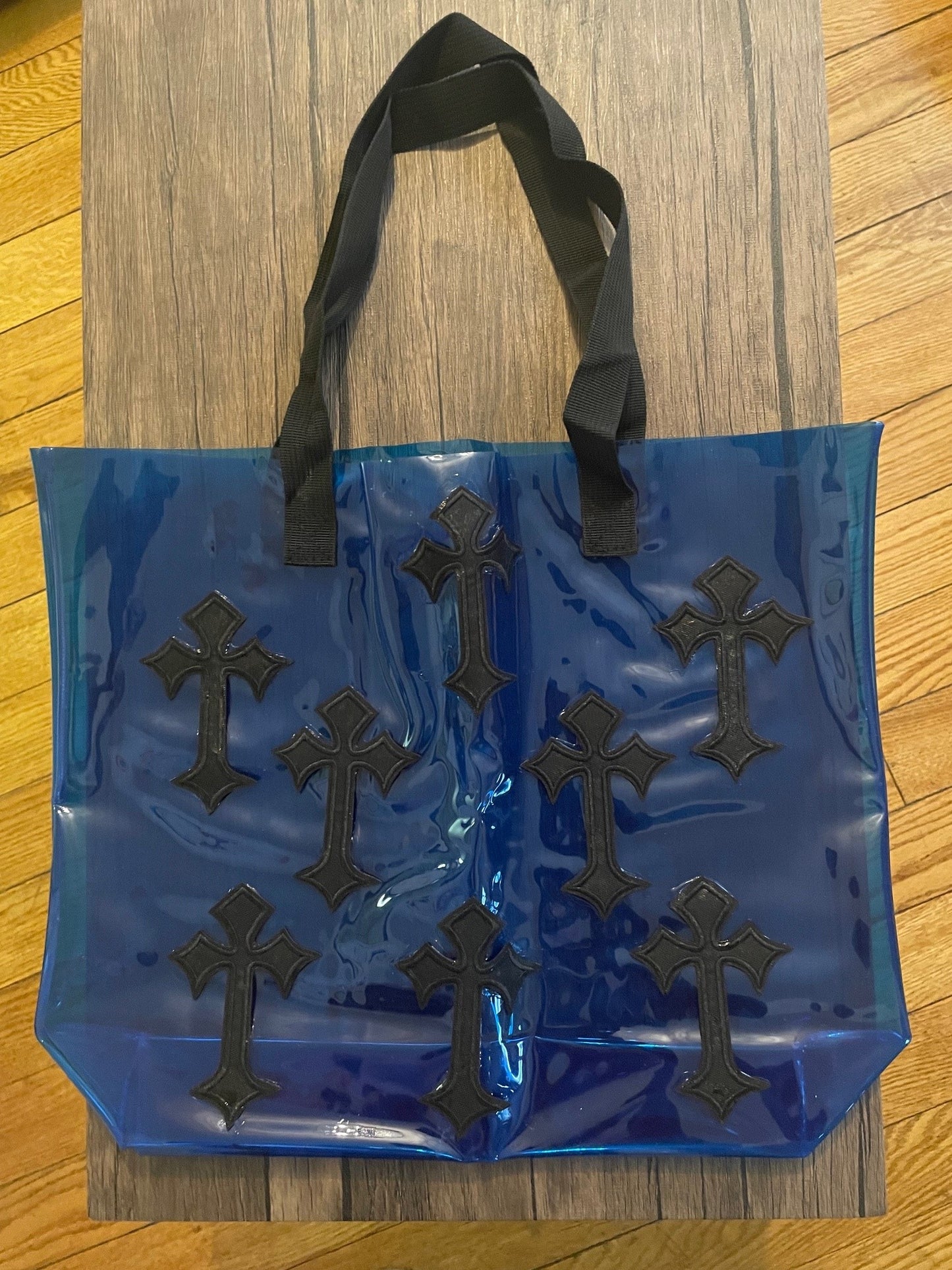 Gothic Black Cross Holographic PVC Blue Tote Bag
