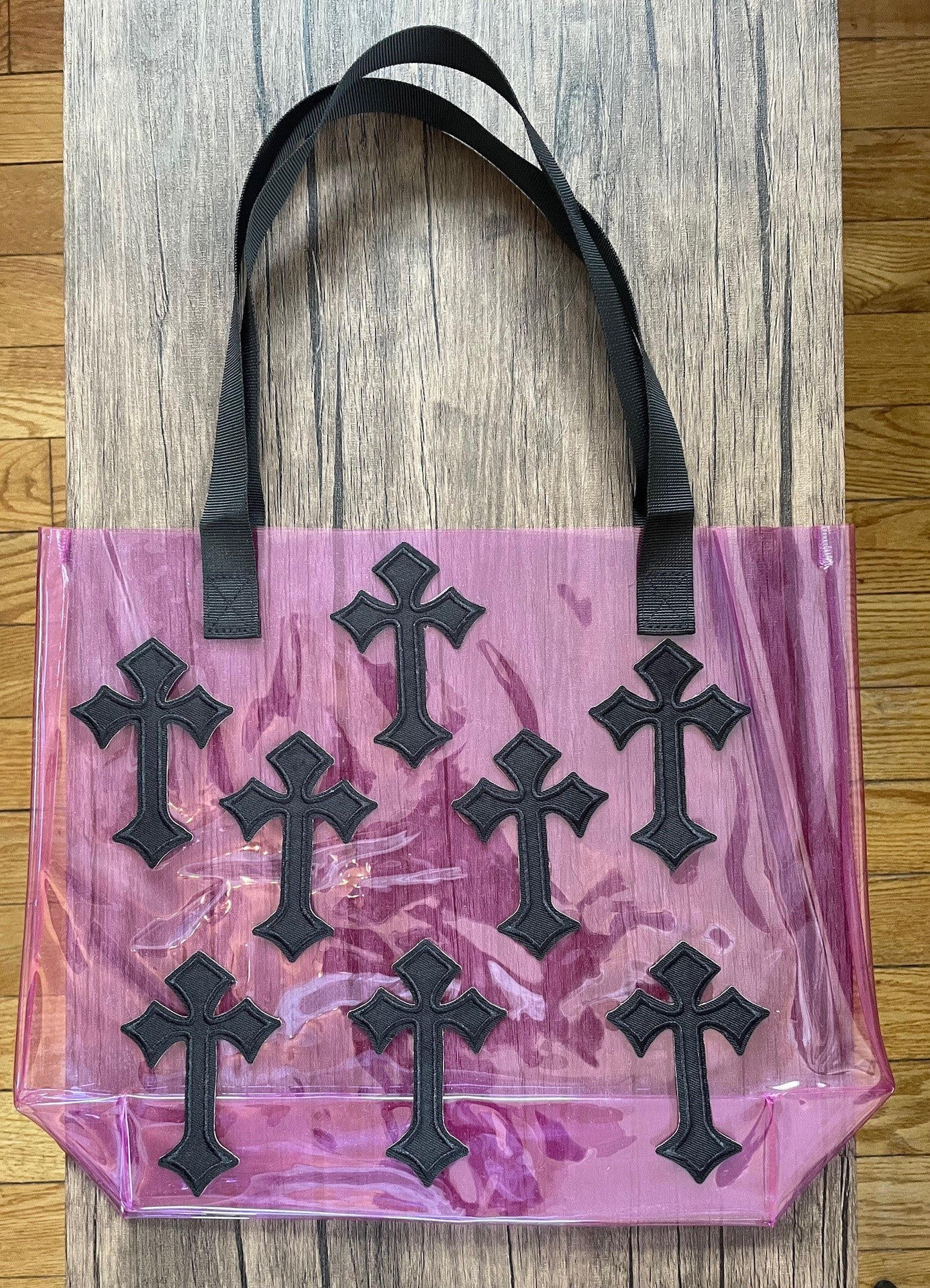 Gothic Black Cross Holographic PVC Violet Tote Bag