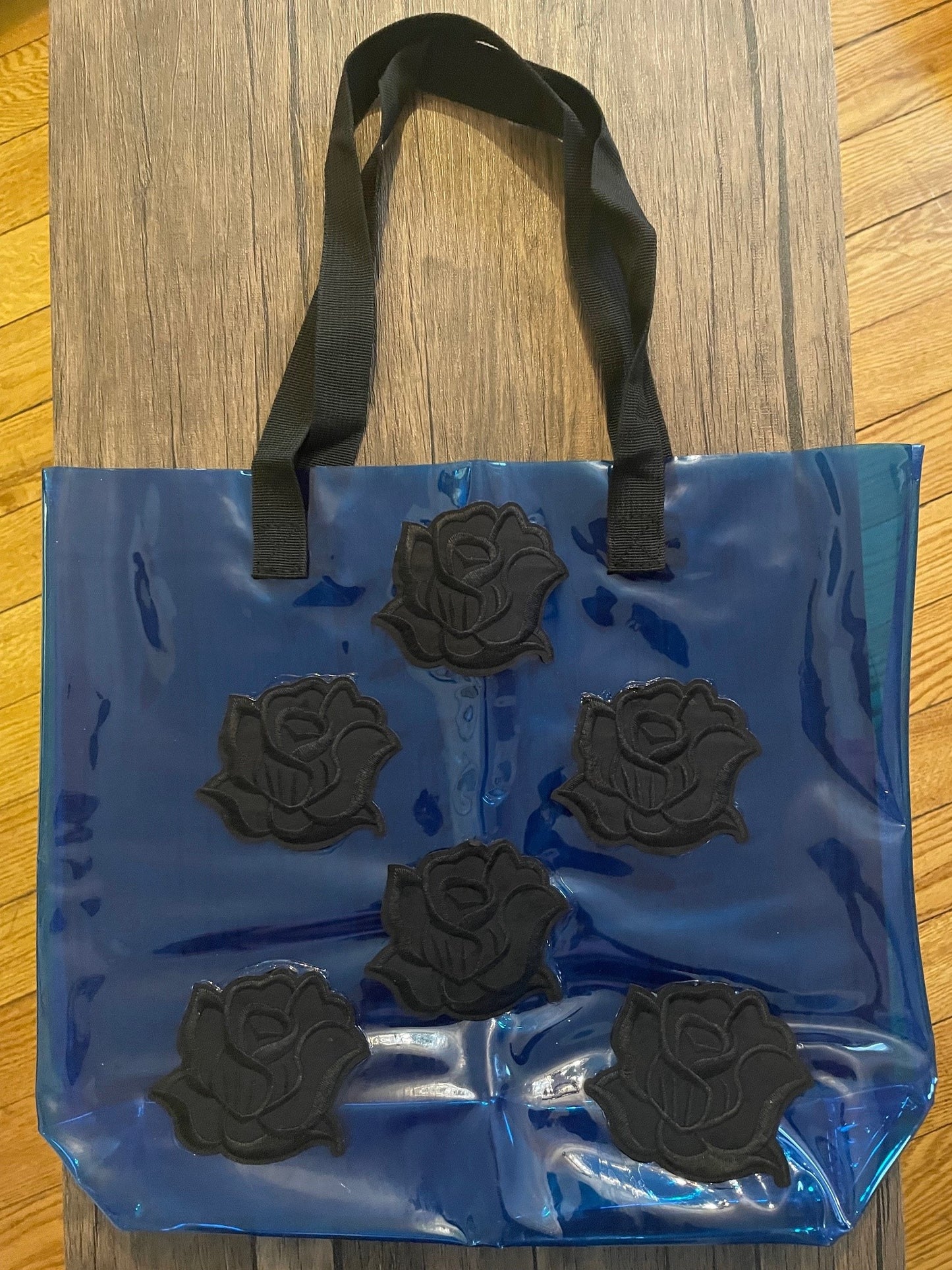 Gothic Black Roses Holographic PVC Blue Tote Bag