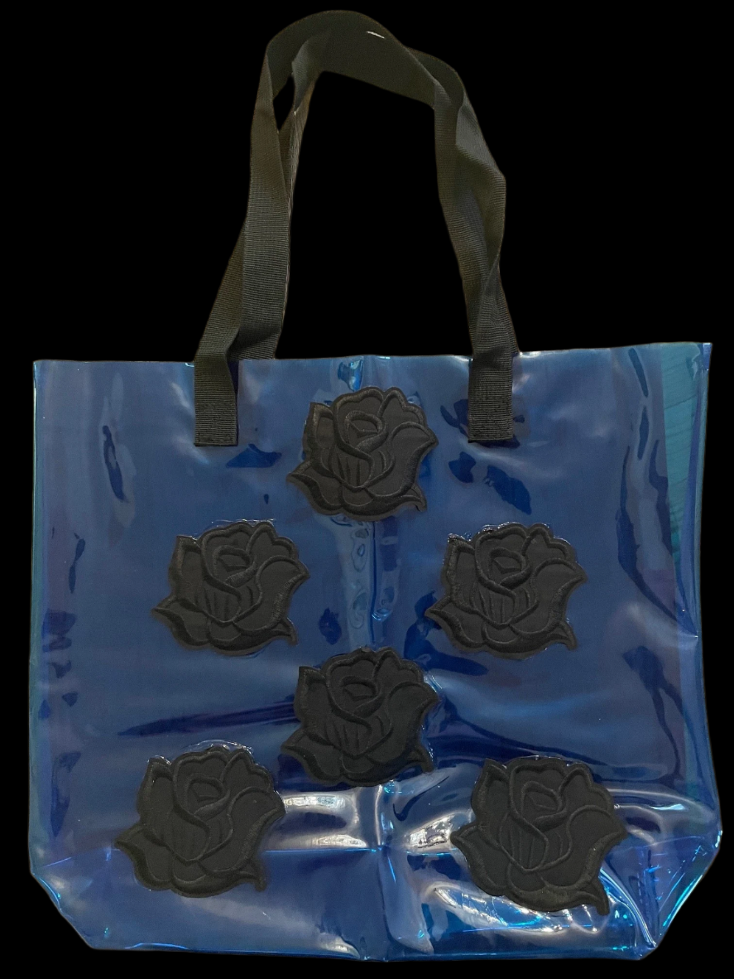 Gothic Black Roses Holographic PVC Blue Tote Bag