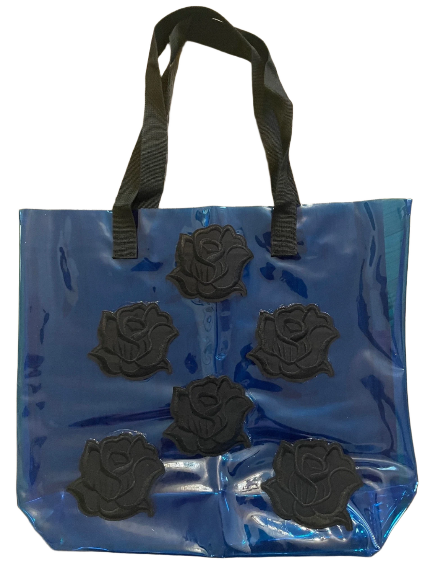 Gothic Black Roses Holographic PVC Blue Tote Bag