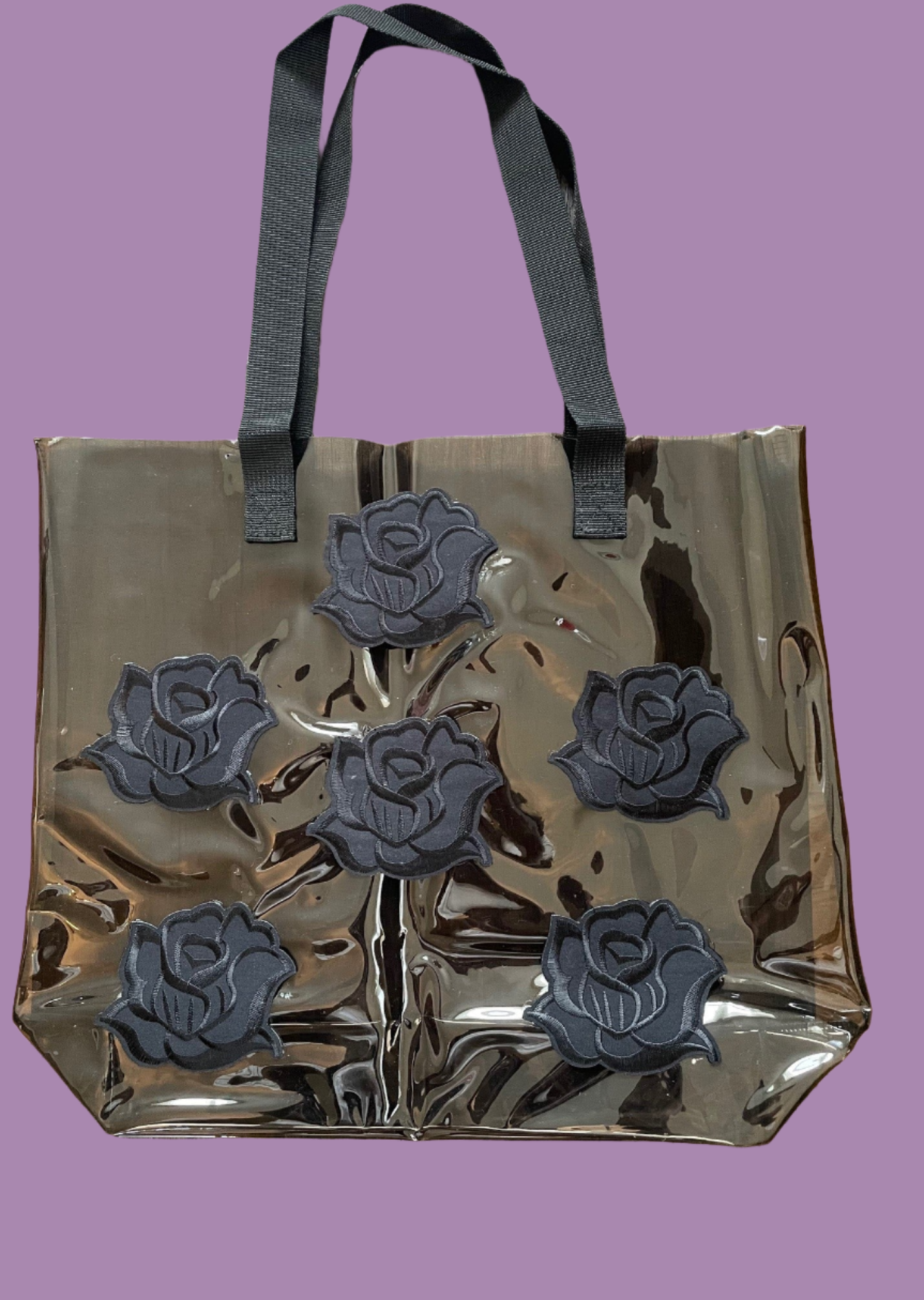 Gothic Black Roses Holographic PVC Black Tote Bag