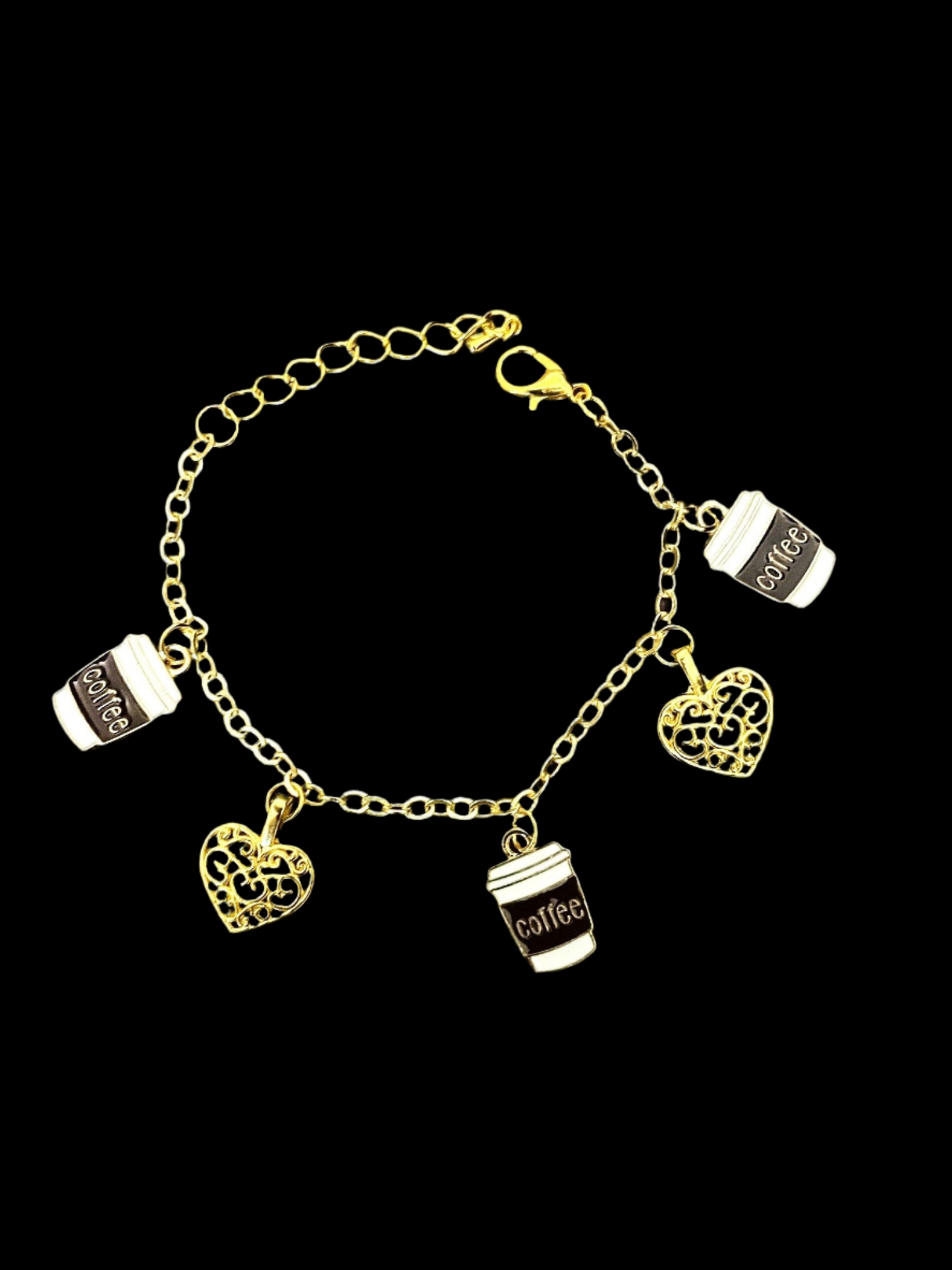 Coffee Cups and Hearts Charm Bracelet