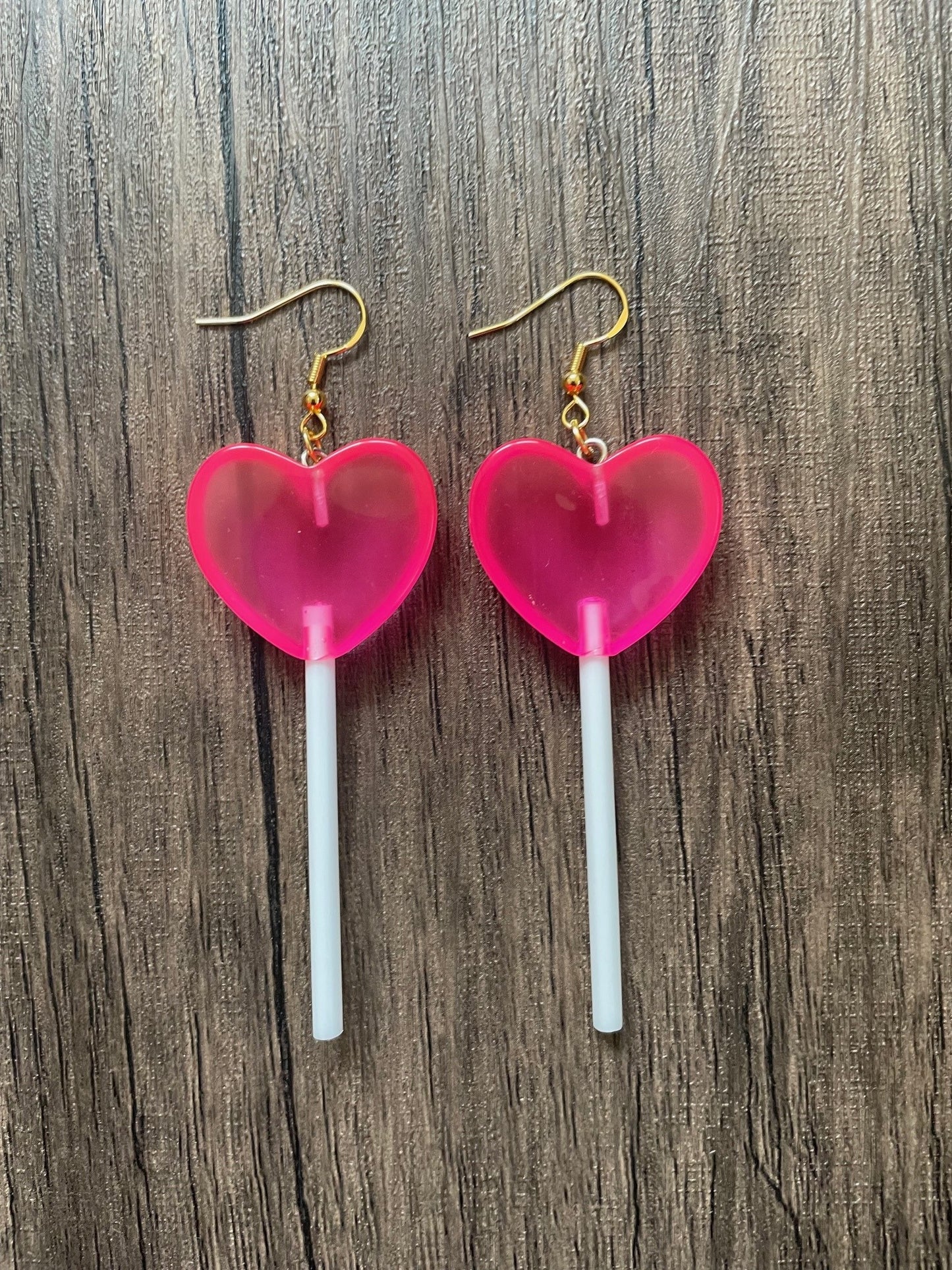 Love Candy Hot Pink Heart Shaped Lollipop Charm Earrings