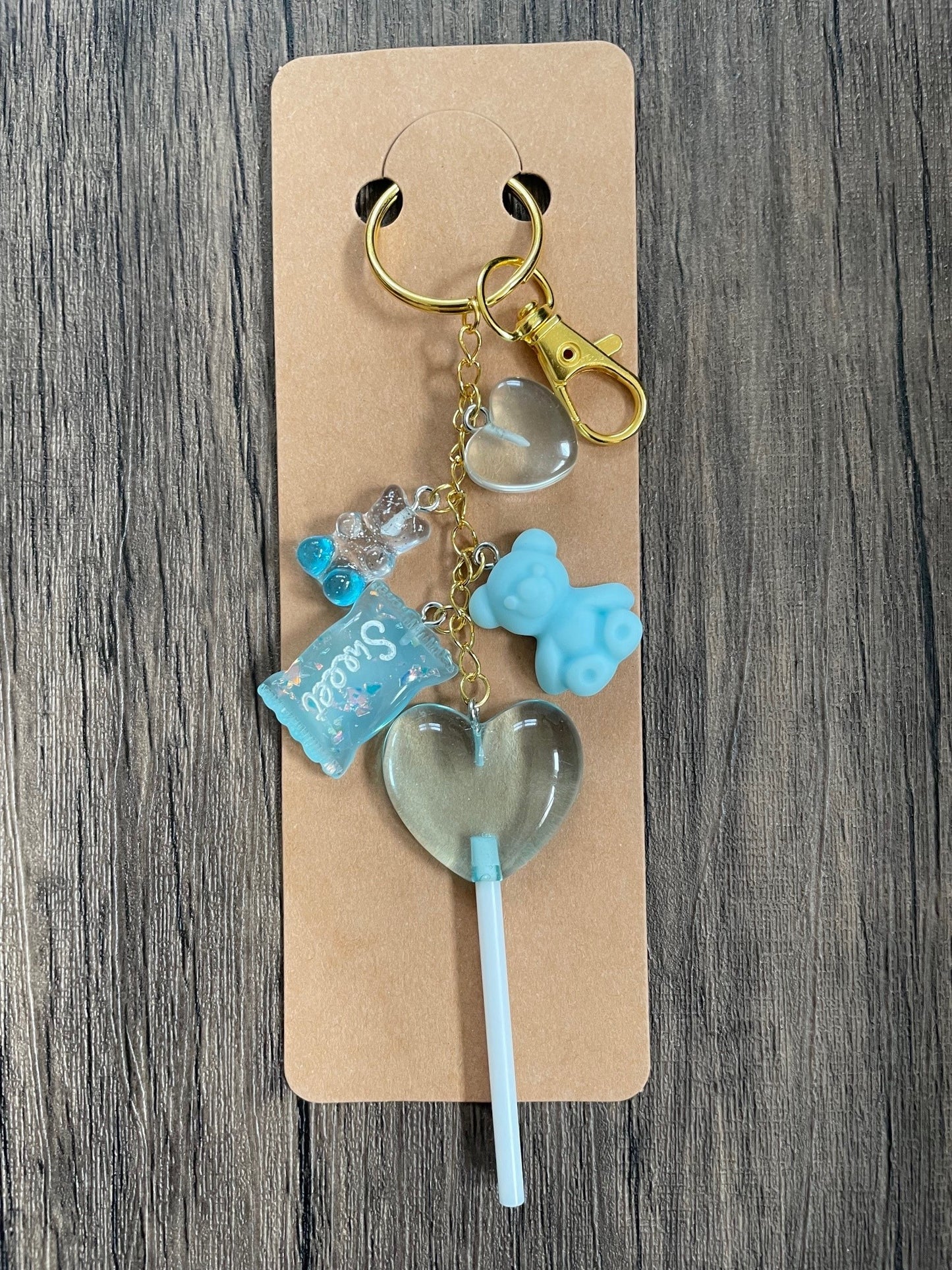Love Candy Blue Lollipop, Gummy Bear, and Heart Gold Bag Charm