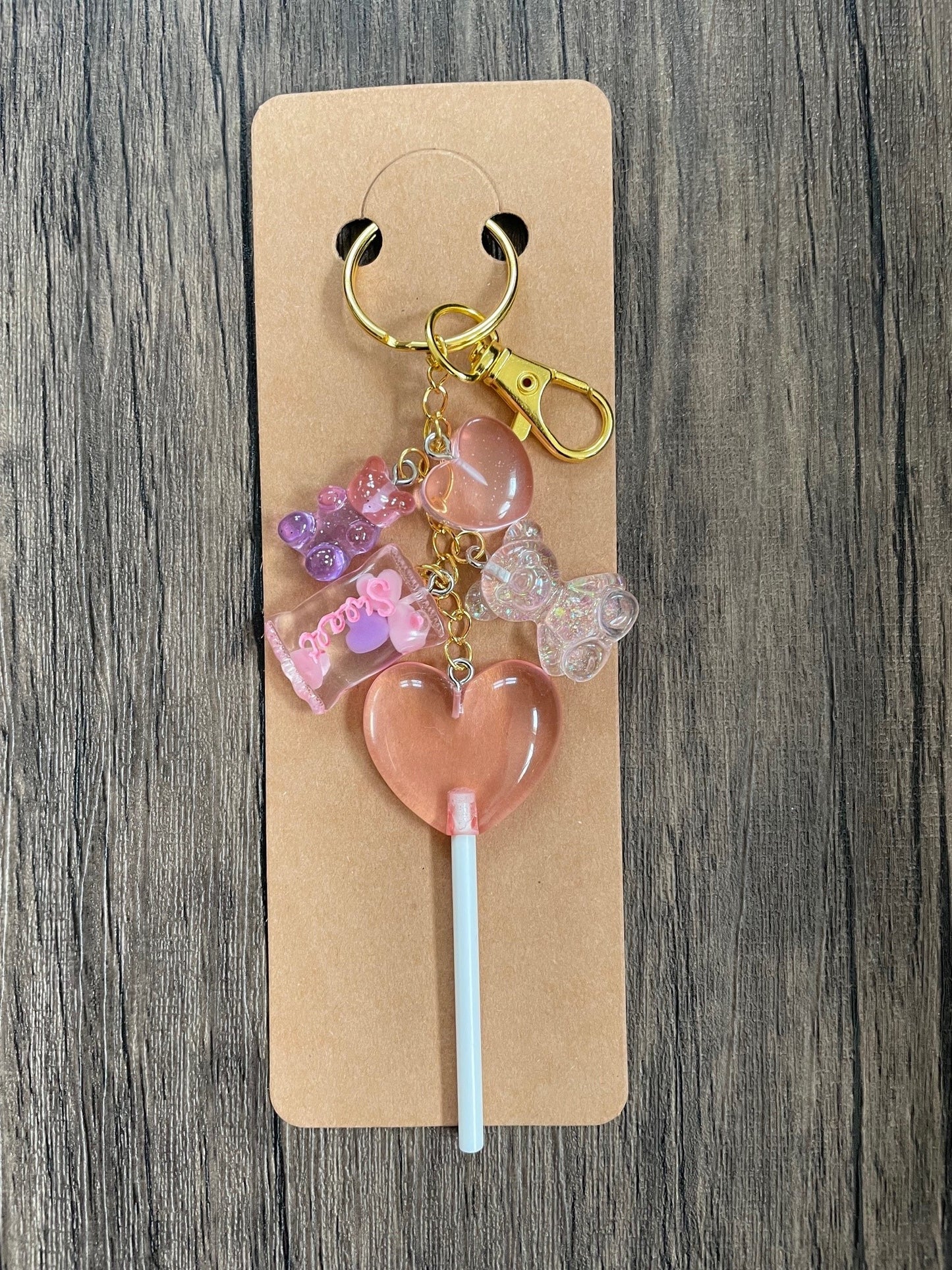 Love Candy Pink Lollipop, Gummy Bear, and Heart Gold Bag Charm