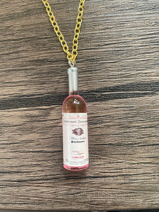 Love Wine Pink Rose Bottle Charm Necklace