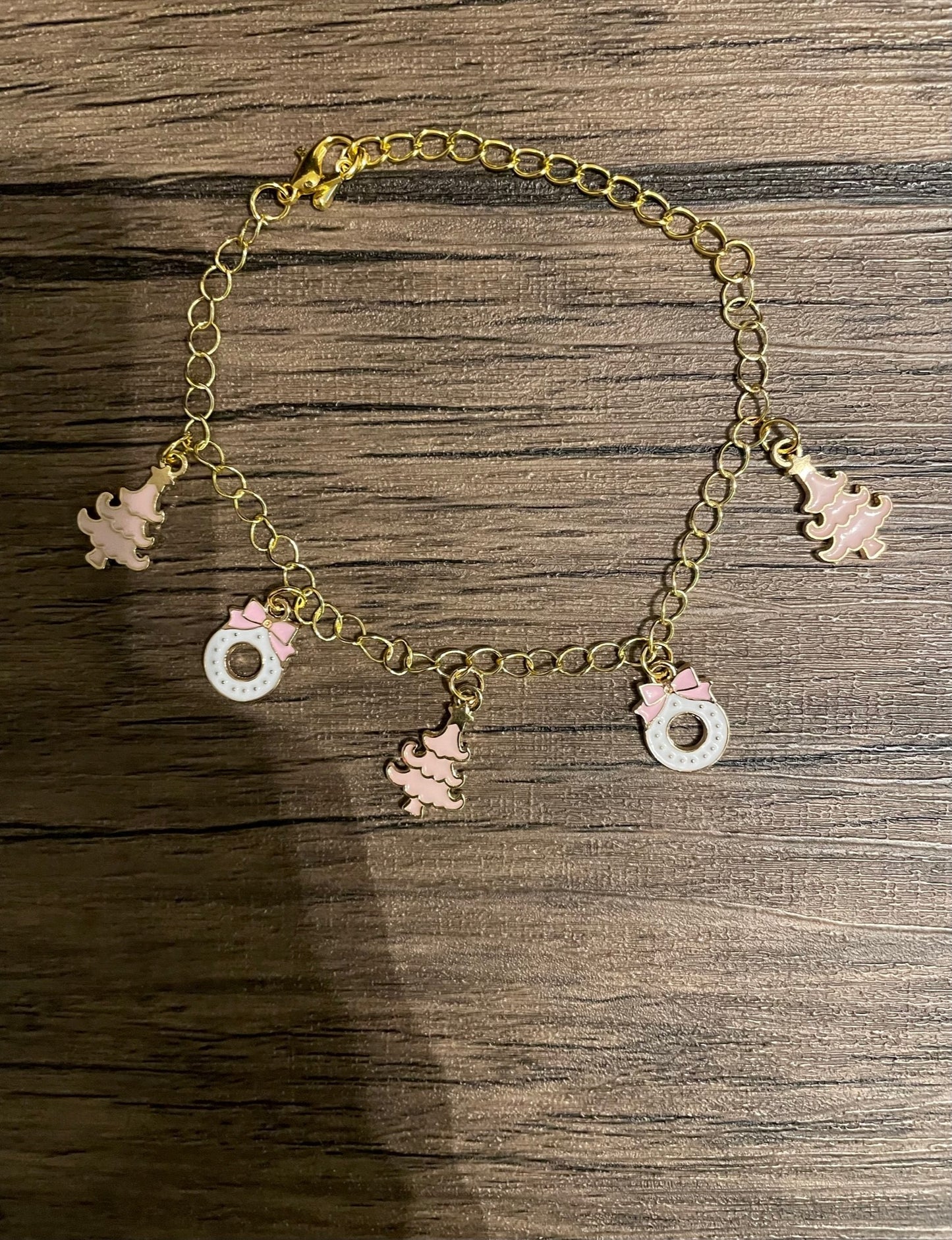 Pink Christmas Tree and White Wreath Charm Bracelet