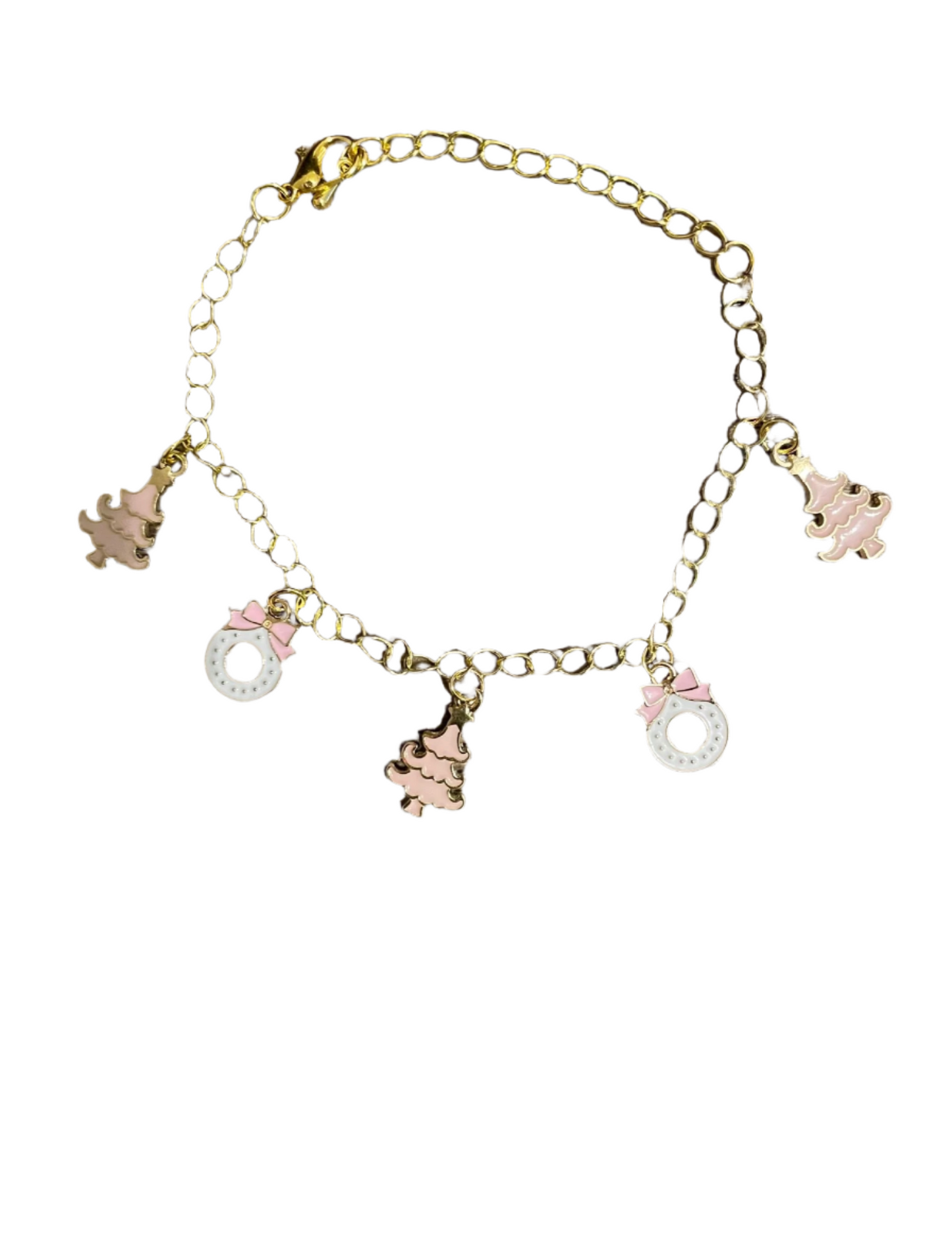 Pink Christmas Tree and White Wreath Charm Bracelet