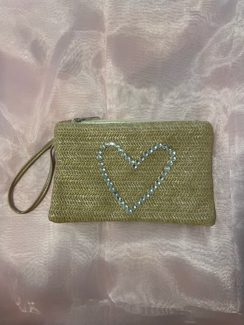 Rhinestone Heart Straw Bohemian Wristlet