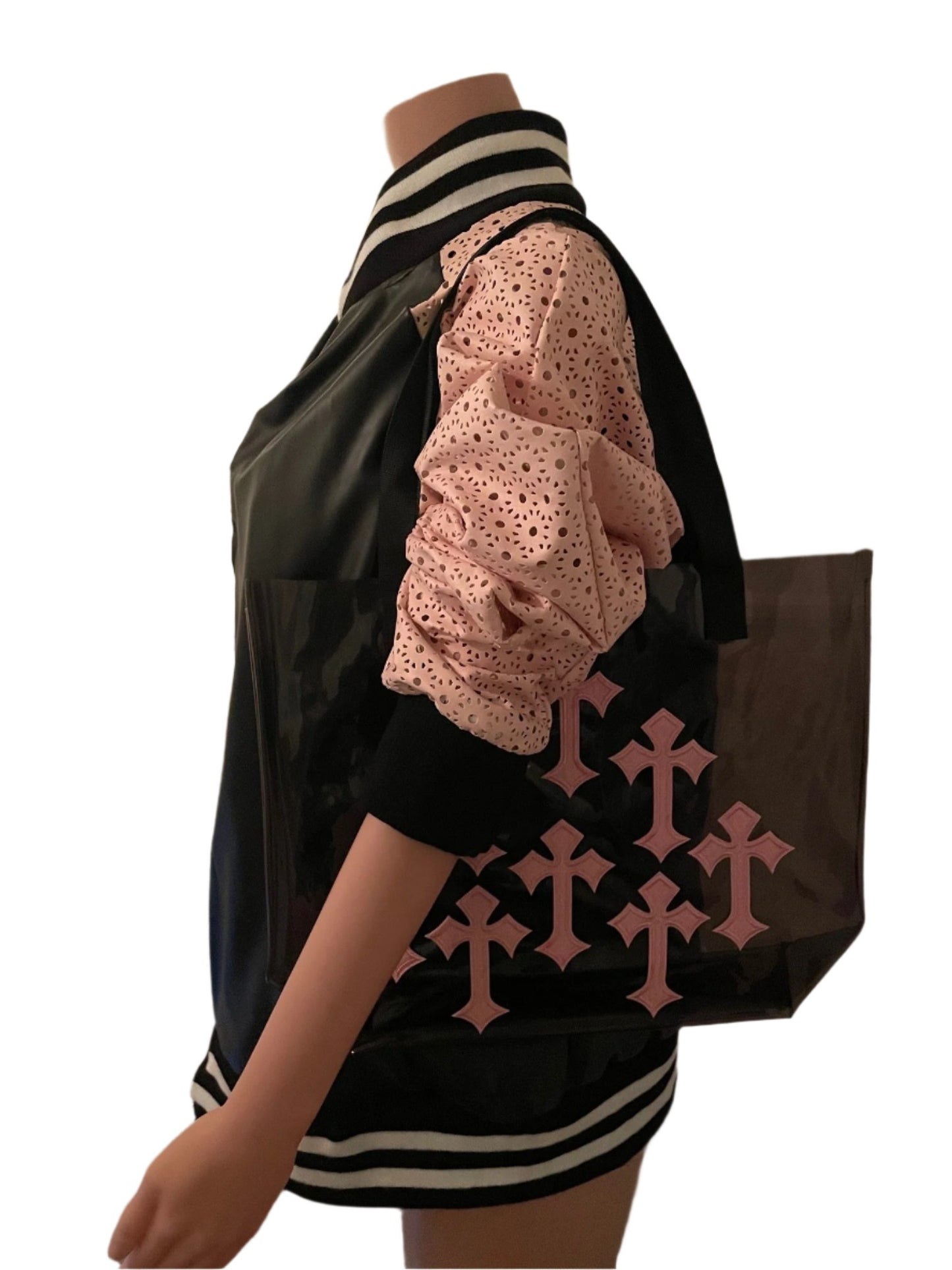 Pink Cross Holographic PVC Black Tote Bag