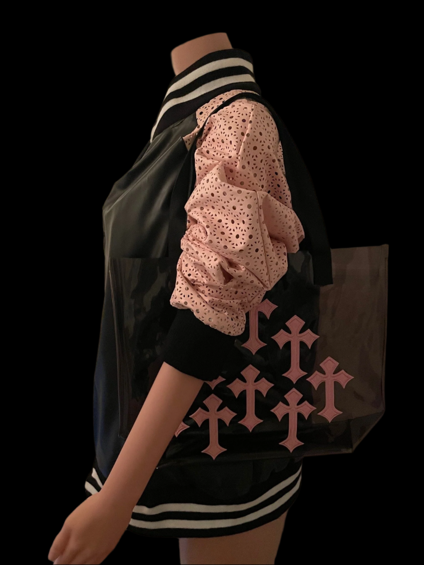 Pink Cross Holographic PVC Black Tote Bag