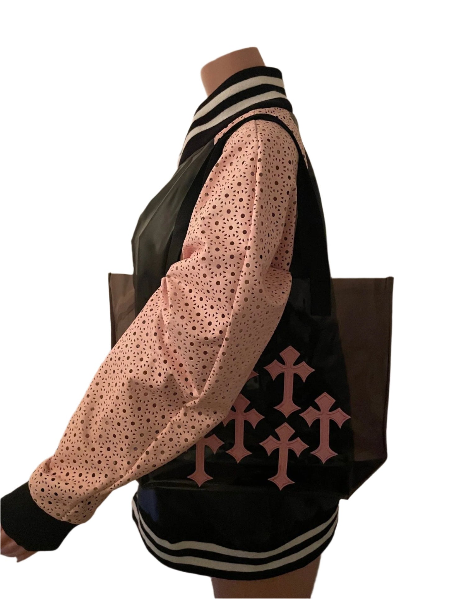 Pink Cross Holographic PVC Black Tote Bag