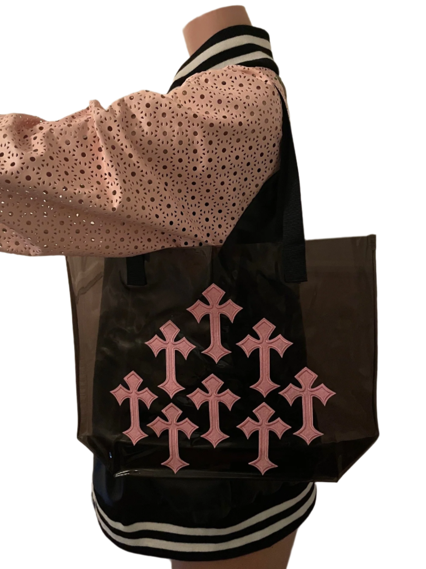 Pink Cross Holographic PVC Black Tote Bag