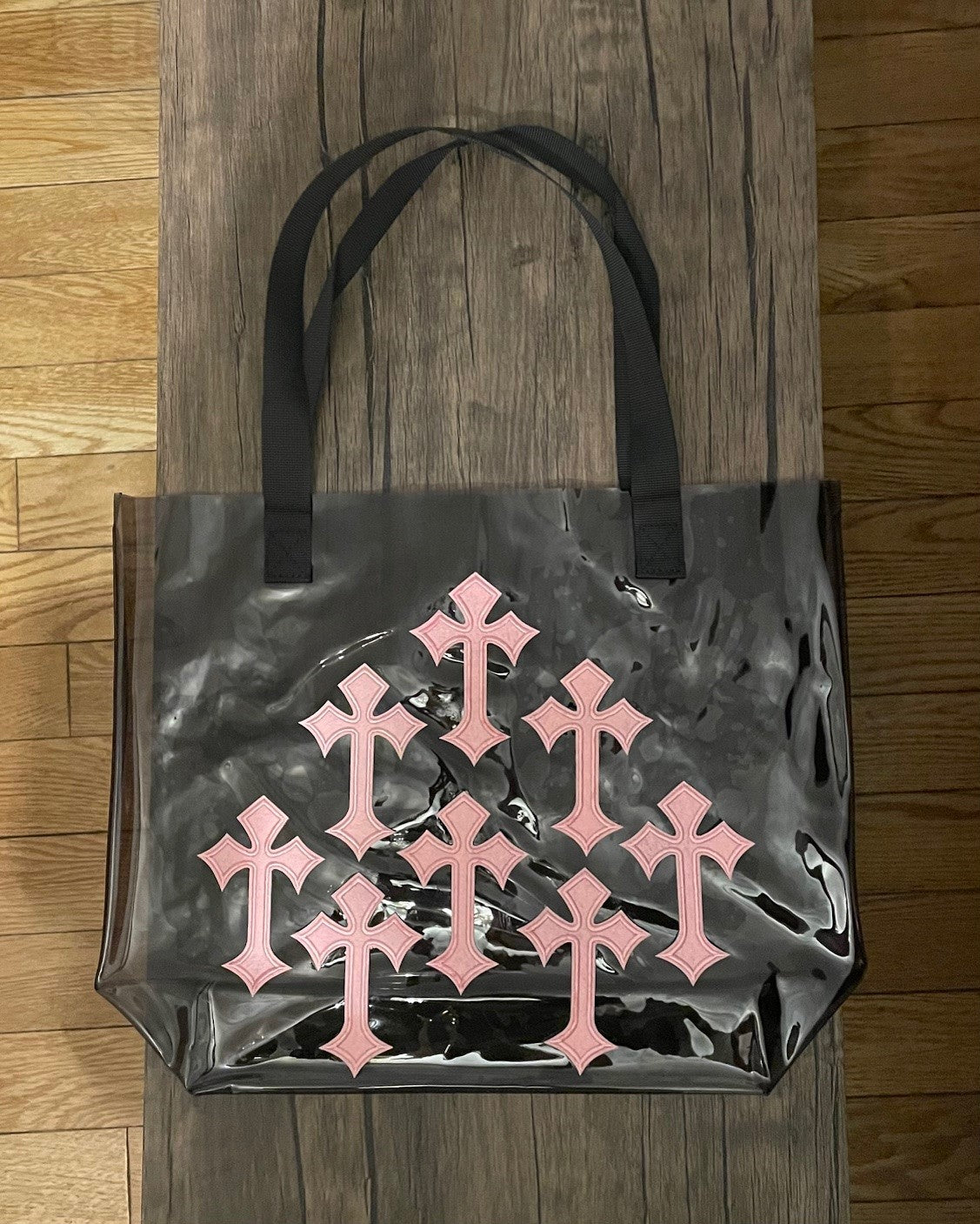 Pink Cross Holographic PVC Black Tote Bag