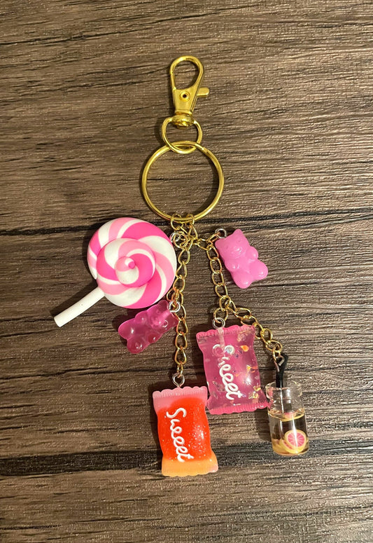 Love Candy Dark Pink Lollipop and Gummy Bear Gold Bag Charm