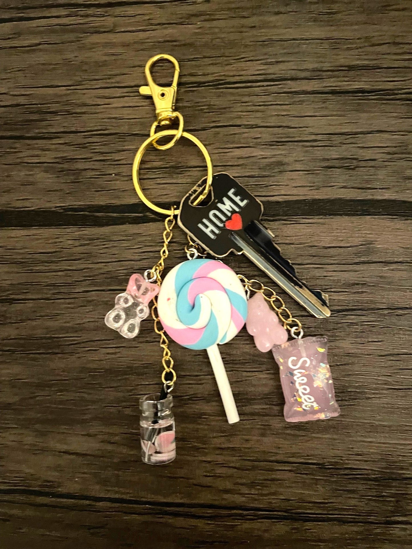 Love Candy Pink Lollipop and Gummy Bear Gold Bag Charm