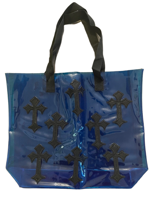 Gothic Black Cross Holographic PVC Blue Tote Bag