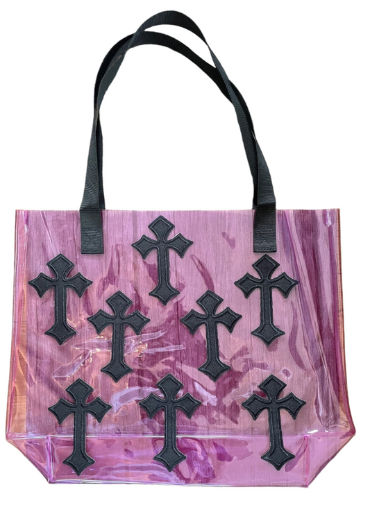 Gothic Black Cross Holographic PVC Violet Tote Bag