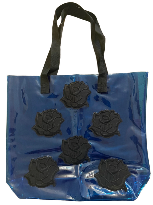 Gothic Black Roses Holographic PVC Blue Tote Bag