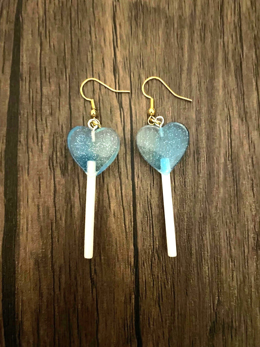 Love Candy Blue Heart Lollipop Charm Earrings