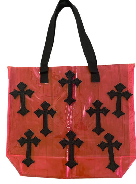 Gothic Black Crosses Holographic PVC Fuchsia Tote Bag