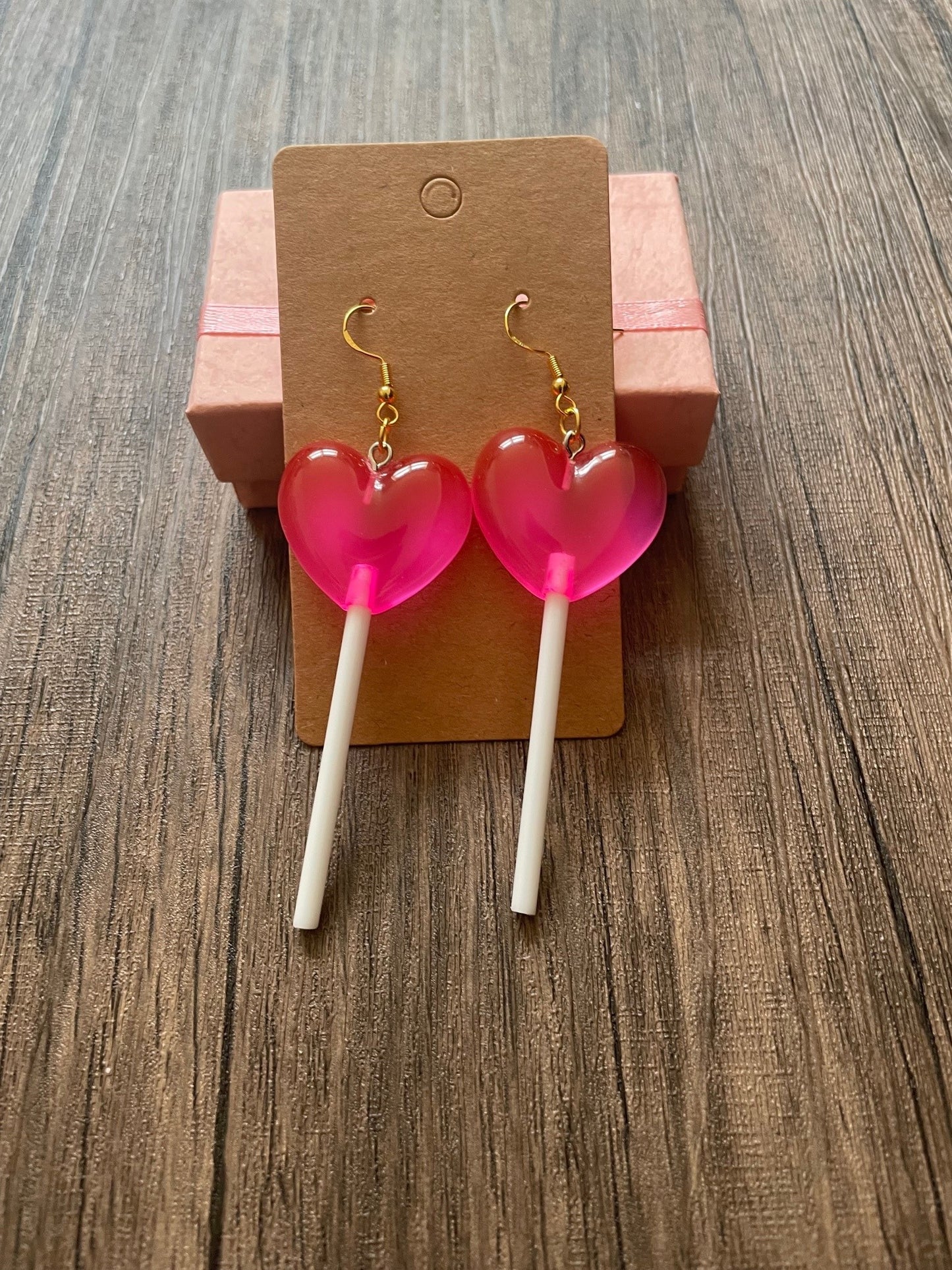 Love Candy Hot Pink Heart Shaped Lollipop Charm Earrings