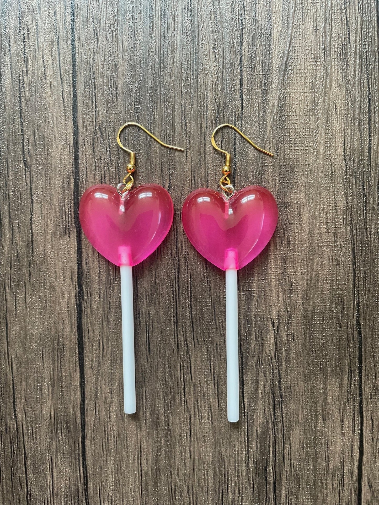 Love Candy Hot Pink Heart Shaped Lollipop Charm Earrings