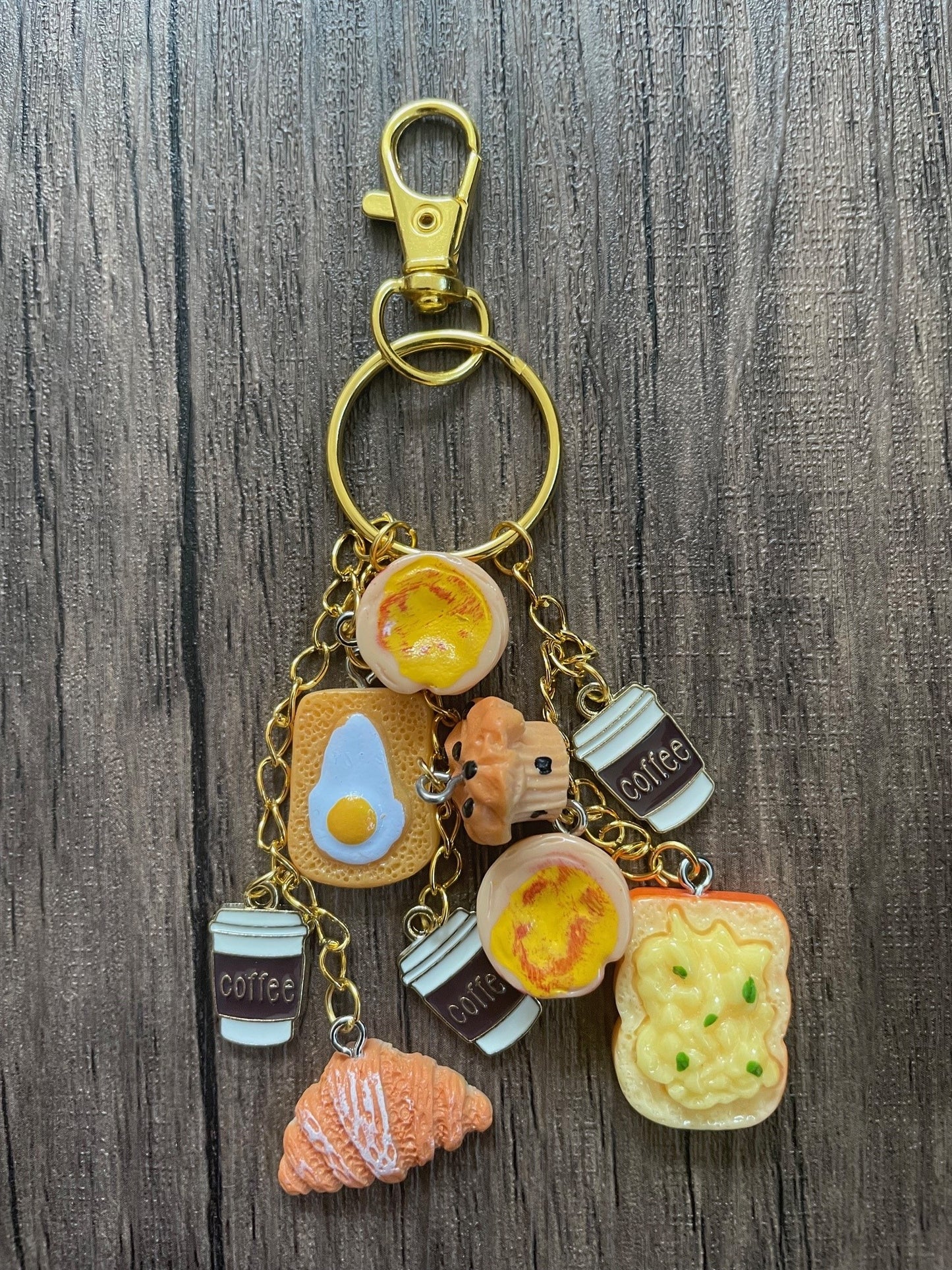 Love Breakfast Coffee Cups, Toast, and Croissant Gold Bag Charm