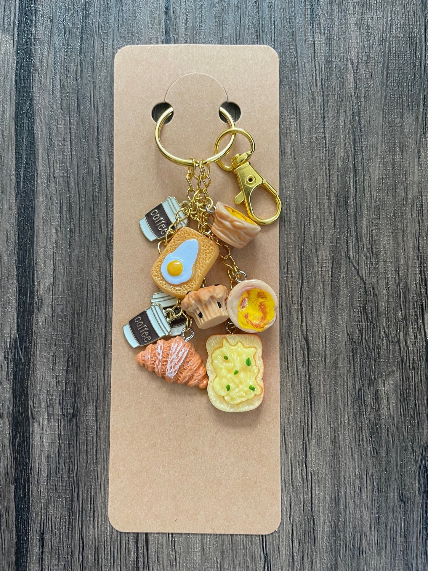 Love Breakfast Coffee Cups, Toast, and Croissant Gold Bag Charm