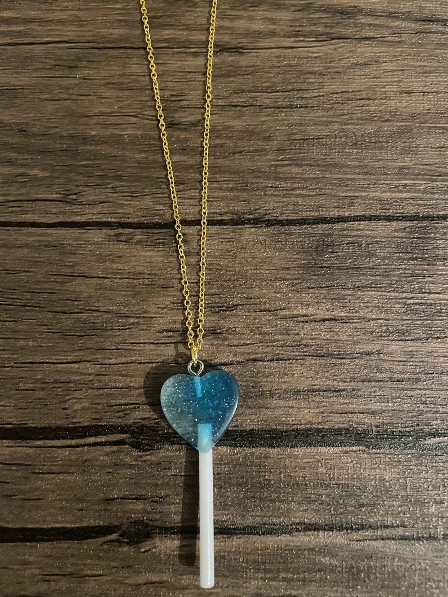 Love Candy Blue Heart Lollipop Charm Necklace