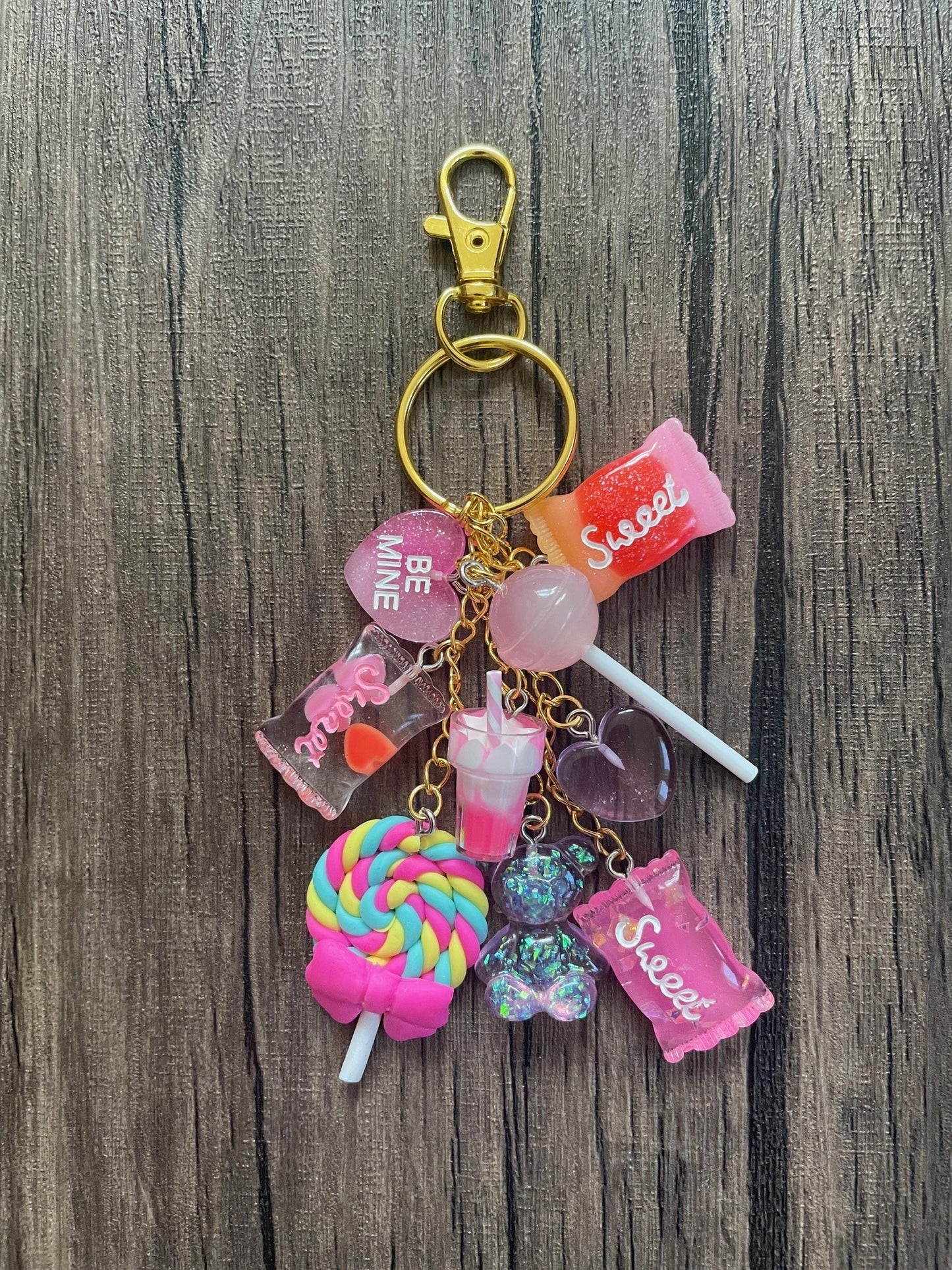 Love Candy Dark Pink Lollipop, Sweets, and Milkshake Gold Bag Charm