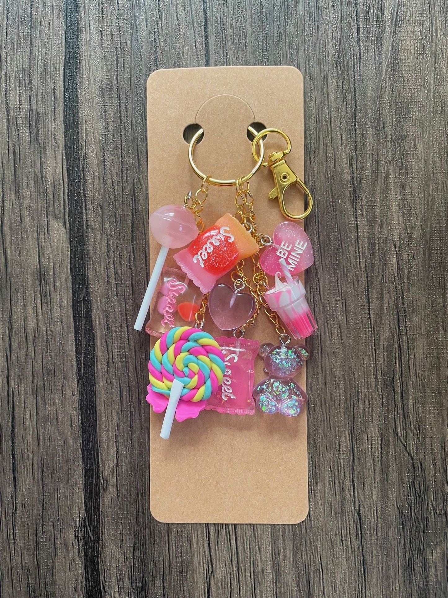 Love Candy Dark Pink Lollipop, Sweets, and Milkshake Gold Bag Charm