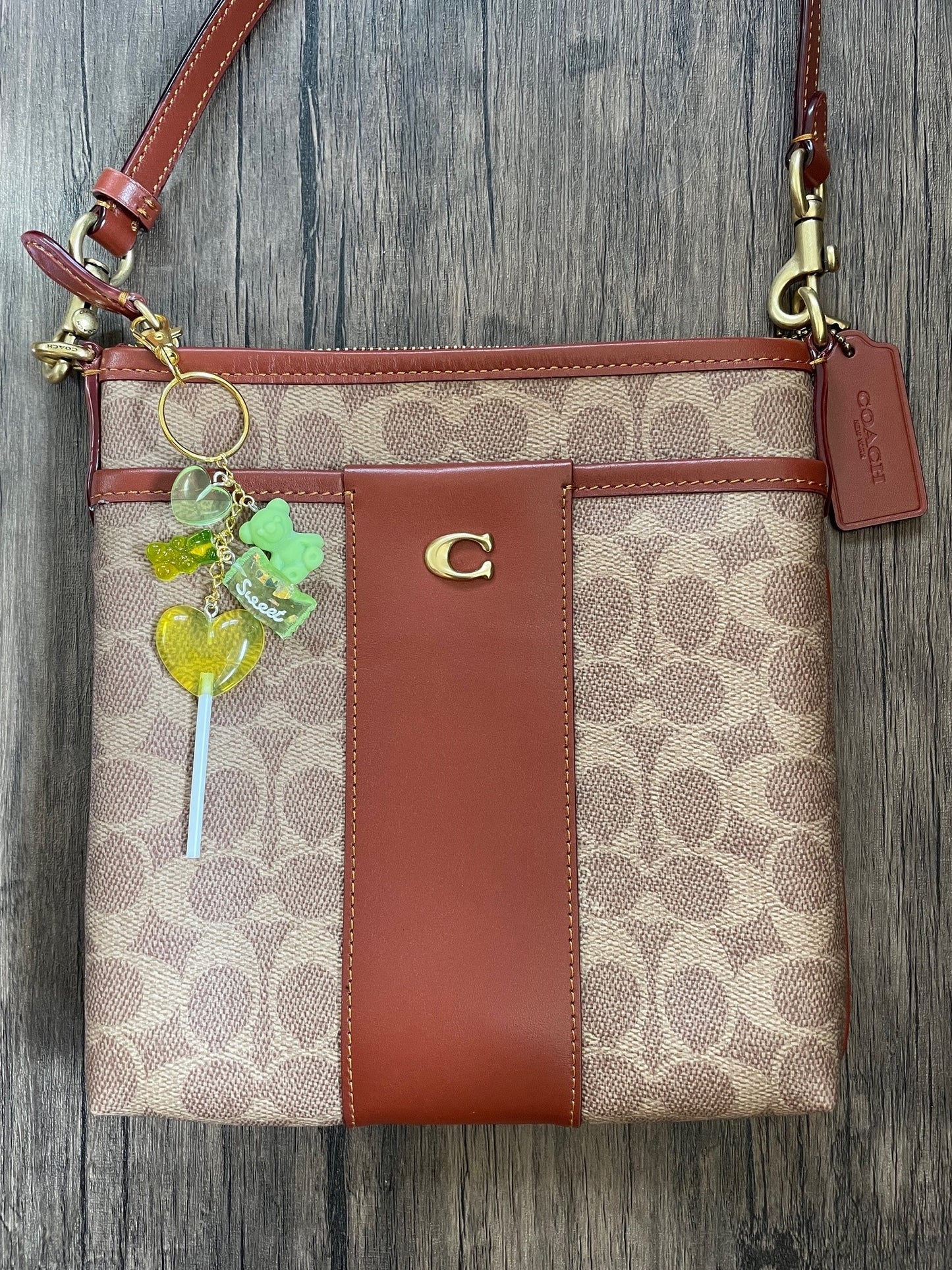 Love Candy Green Gummy Bear, Lollipop, and Hearts Gold Bag Charm