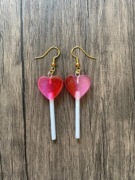 Love Candy Pink and Red Heart Lollipop Charm Earrings