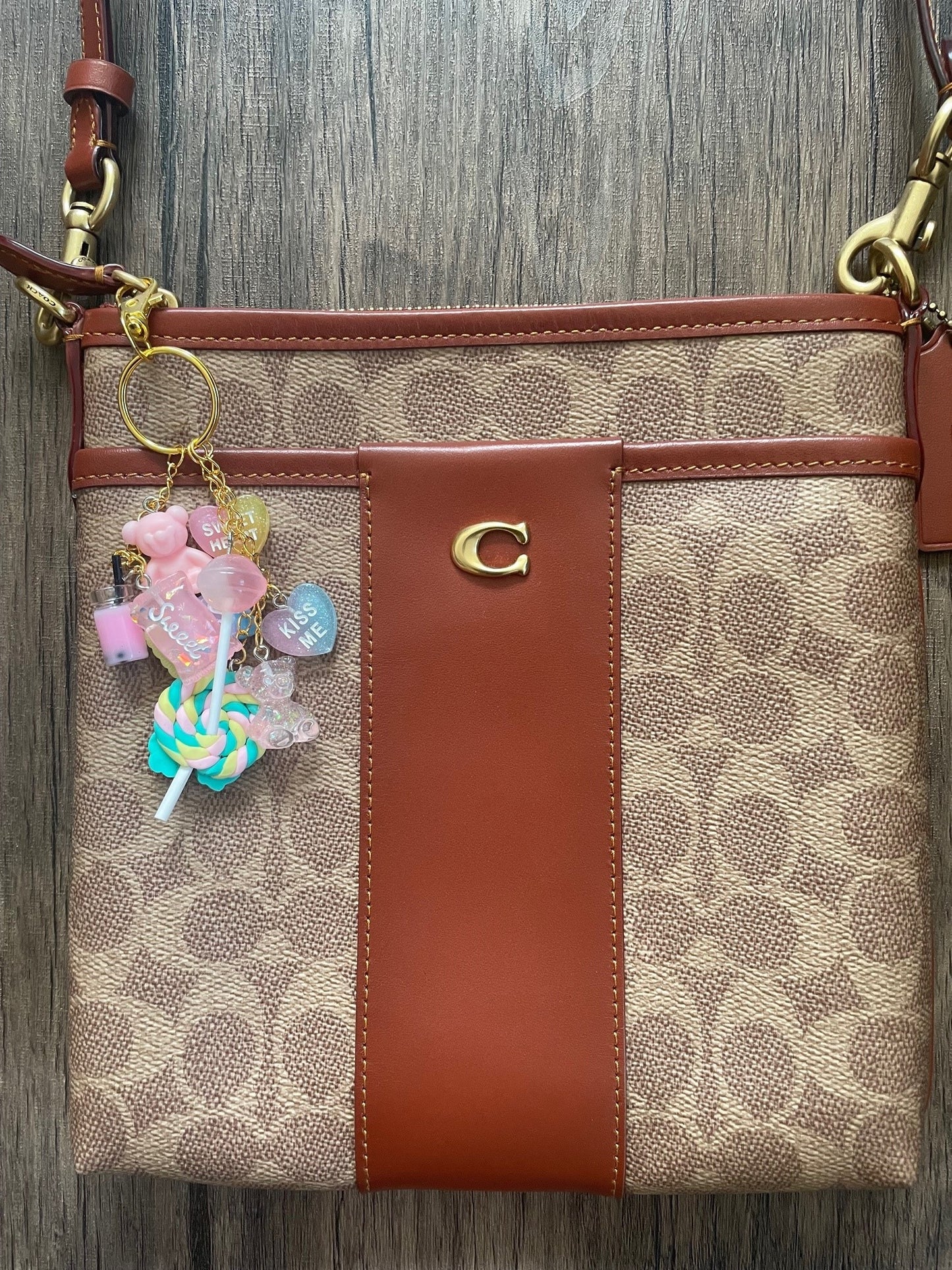 Love Candy Light Pink and Blue Bear, Lollipop, and Hearts Gold Bag Charm