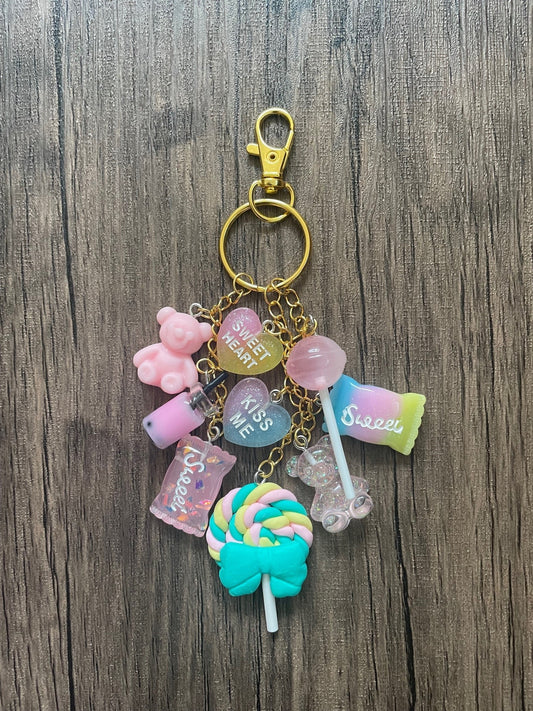 Love Candy Light Pink and Blue Bear, Lollipop, and Hearts Gold Bag Charm