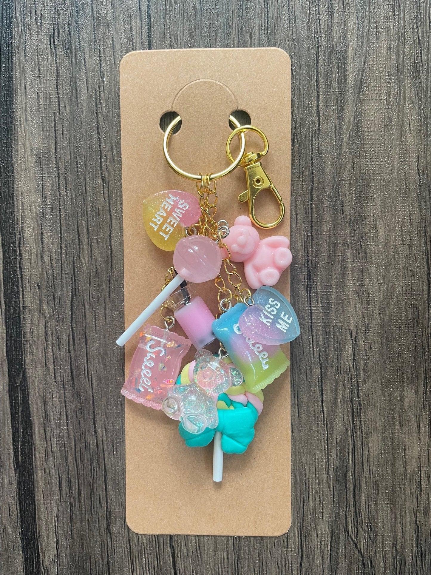 Love Candy Light Pink and Blue Bear, Lollipop, and Hearts Gold Bag Charm