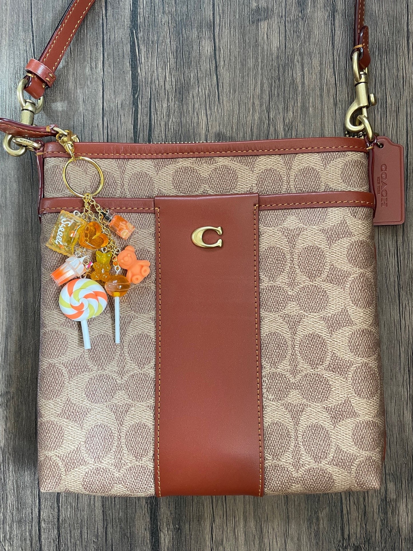 Love Candy Orange Milkshake, Gummy Bear, Lollipop, and Hearts Gold Bag Charm
