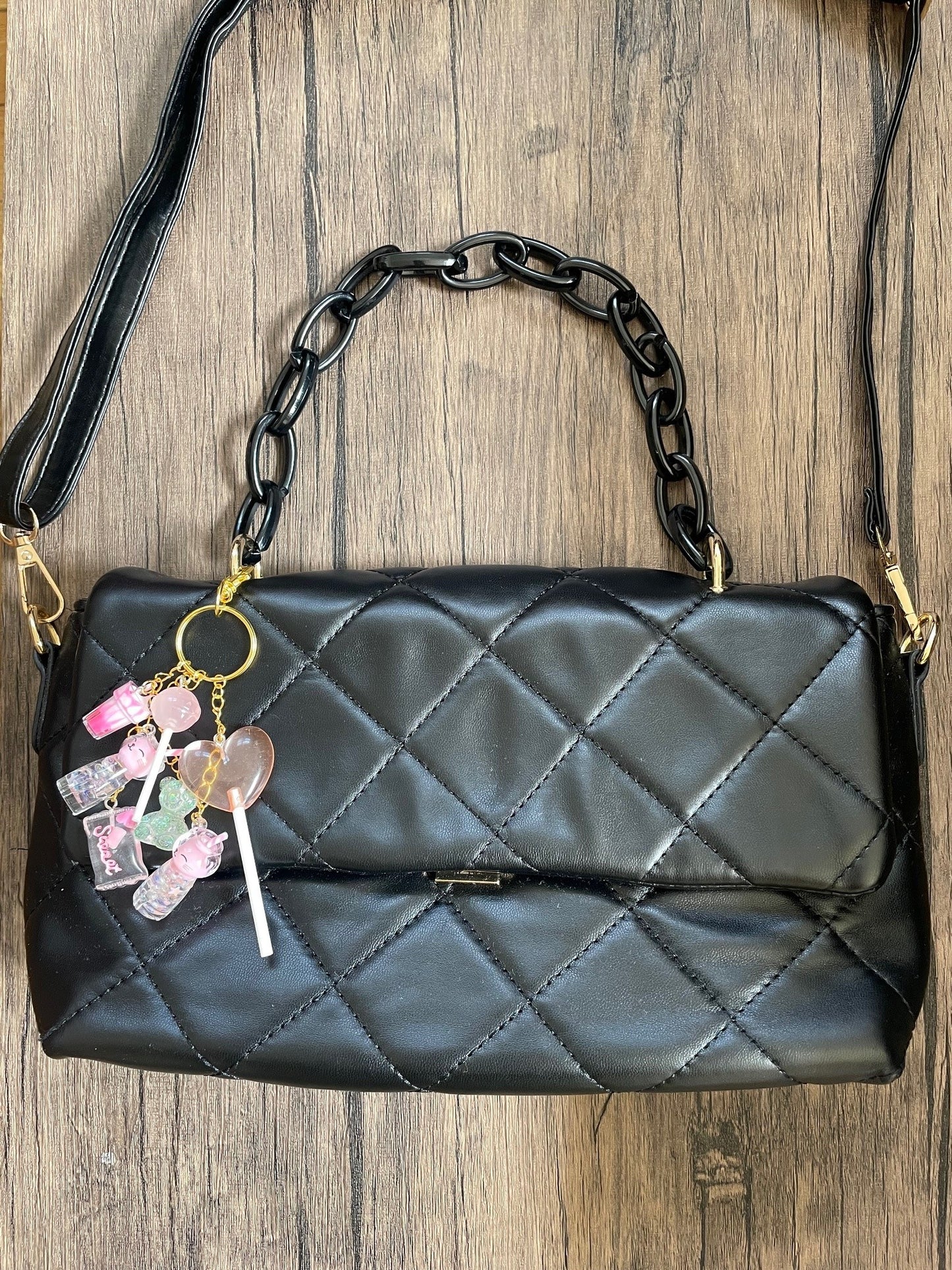 Love Candy Pink Lollipop, Milkshake, and Kitty Gold Bag Charm
