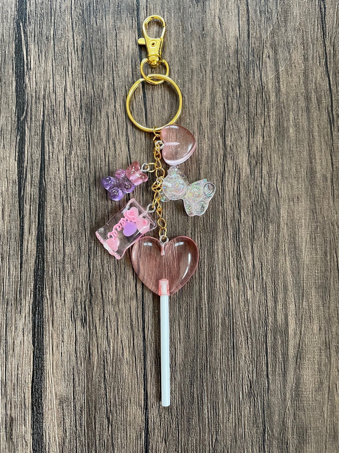 Love Candy Pink Lollipop, Gummy Bear, and Heart Gold Bag Charm