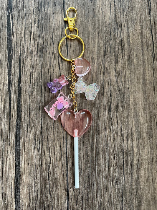 Love Candy Pink Lollipop, Gummy Bear, and Heart Gold Bag Charm