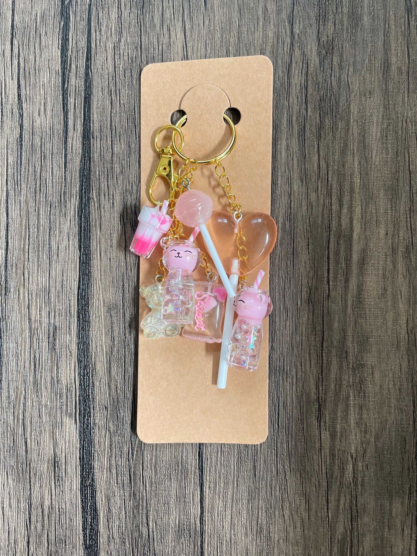 Love Candy Pink Lollipop, Milkshake, and Kitty Gold Bag Charm