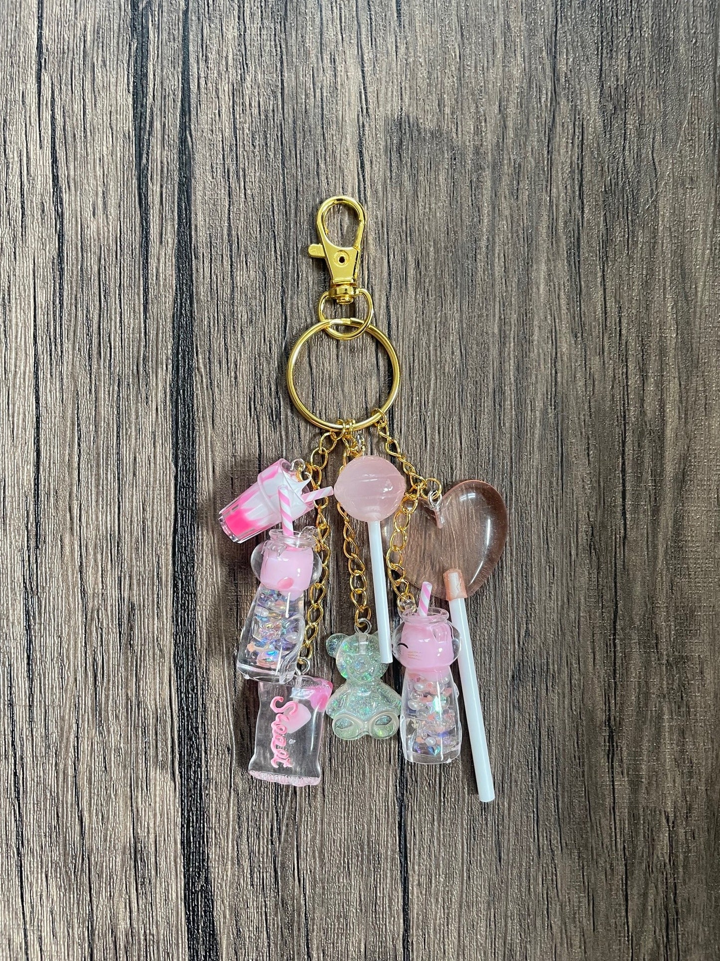 Love Candy Pink Lollipop, Milkshake, and Kitty Gold Bag Charm