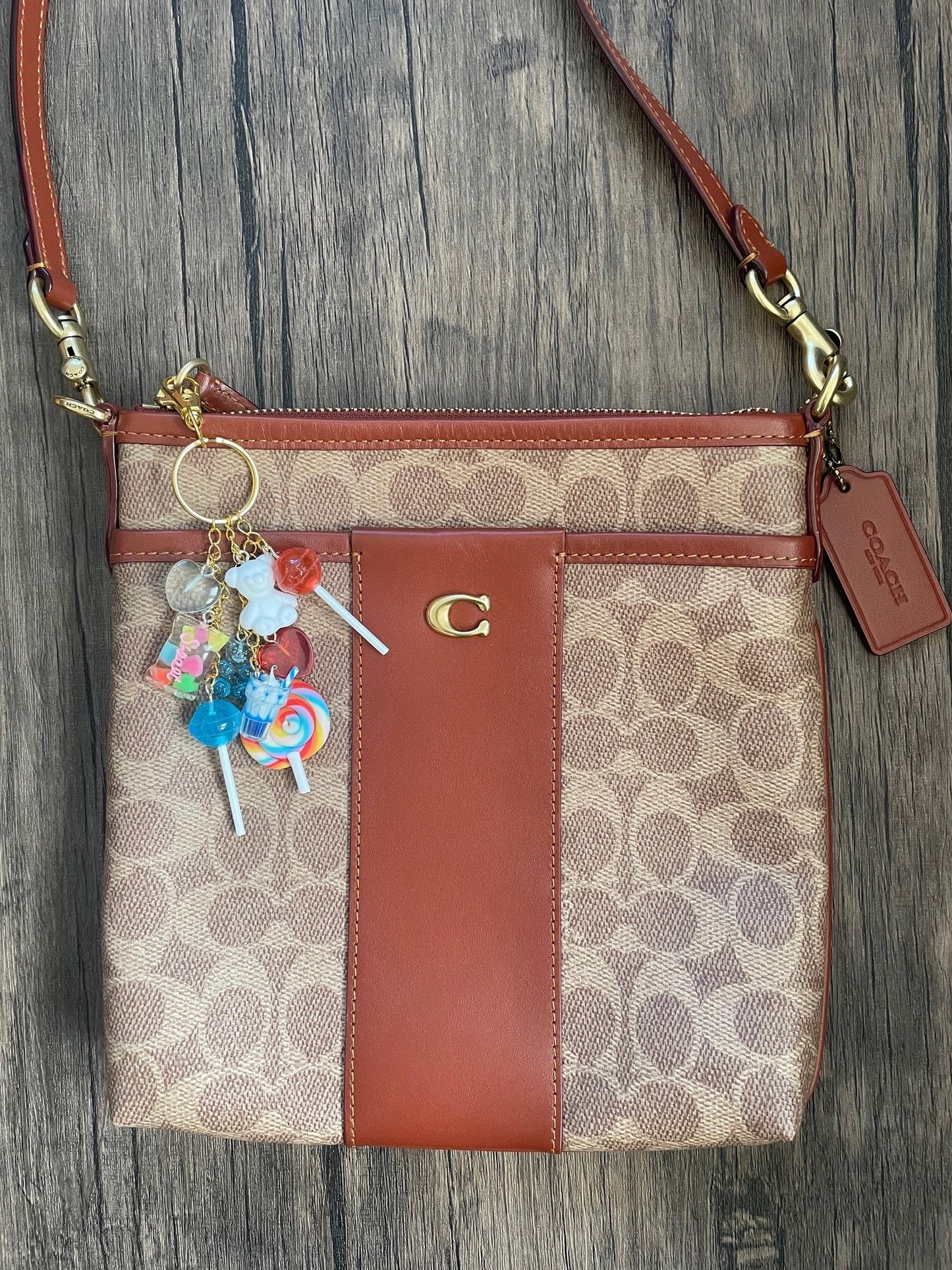 Love Candy Red and Blue Lollipop, Hearts, and Gummy Bear Gold Bag Charm