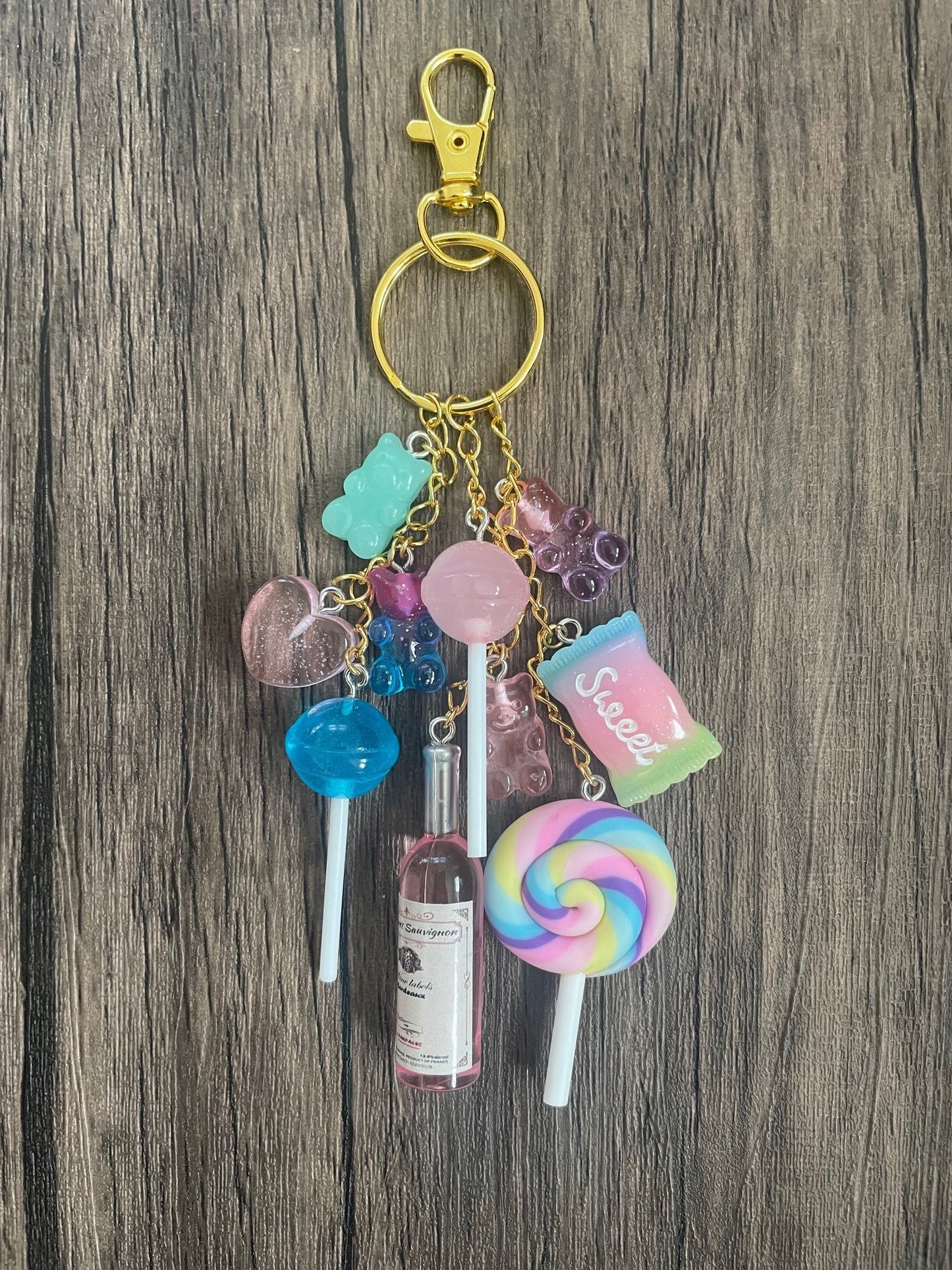 Love Candy Rose Bottle, Pink Hearts, and Lollipops Bag Charm