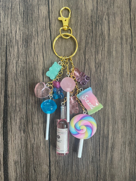 Love Candy Rose Bottle, Pink Hearts, and Lollipops Bag Charm
