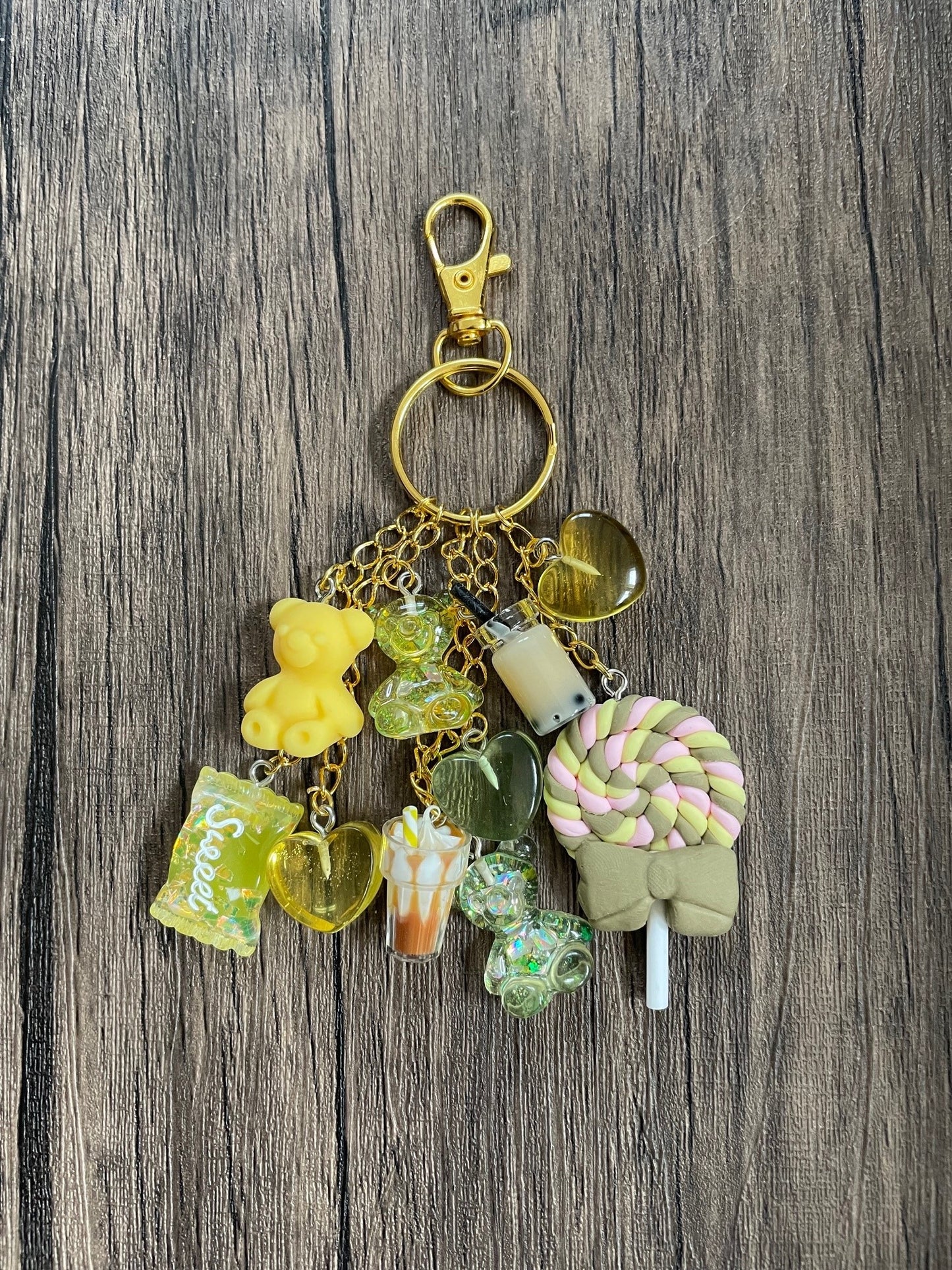 Love Candy Yellow and Green Heart, Taffy, and Bear Gold Bag Charm